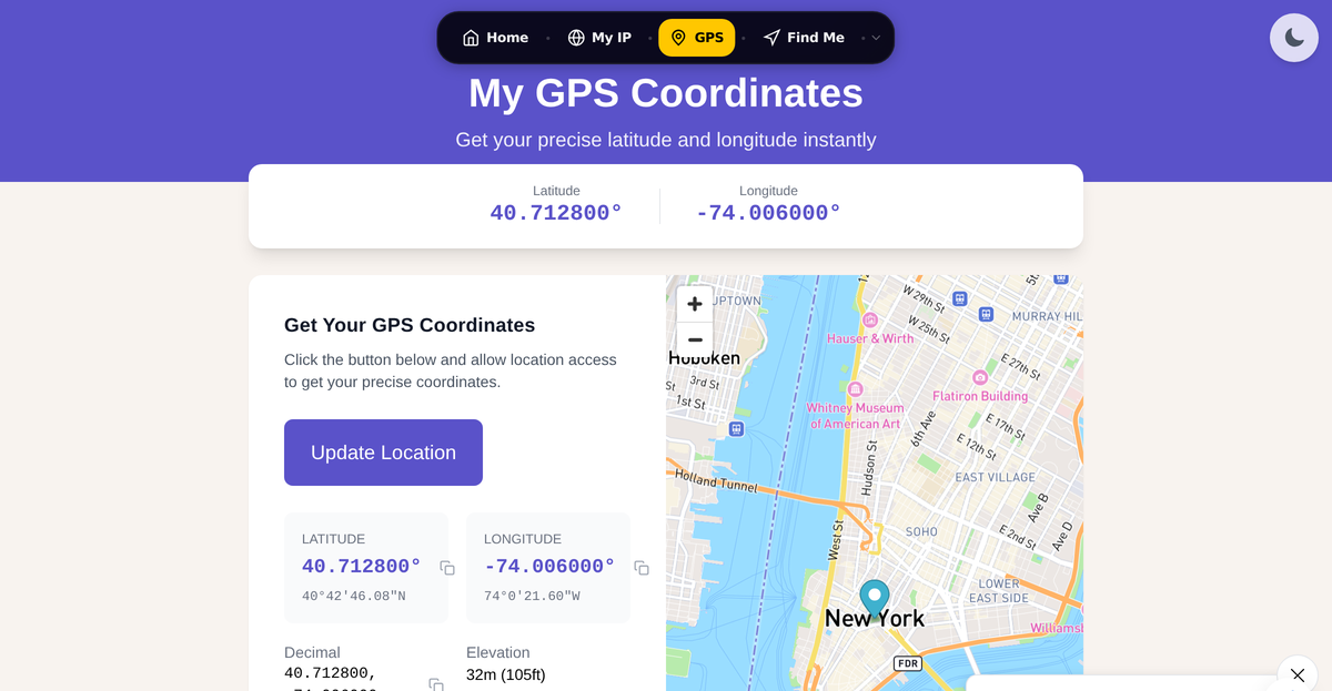 The WhatIsMyLocation GPS Coordinates tool showing live latitude and longitude (decimal and DMS) next to an interactive map.