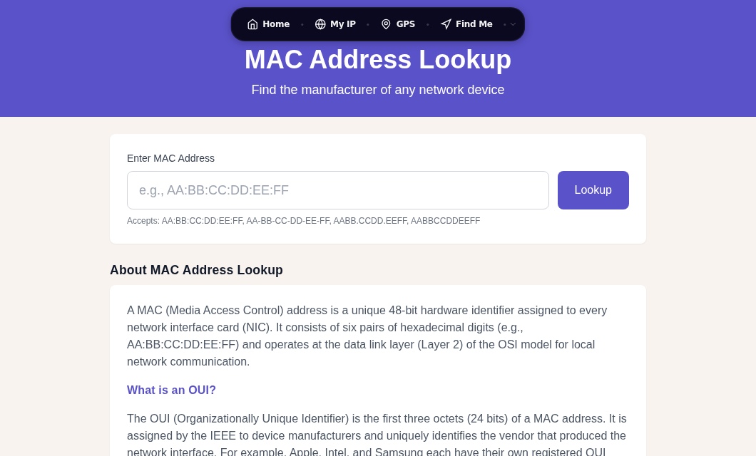 Look up any MAC address prefix to identify the vendor