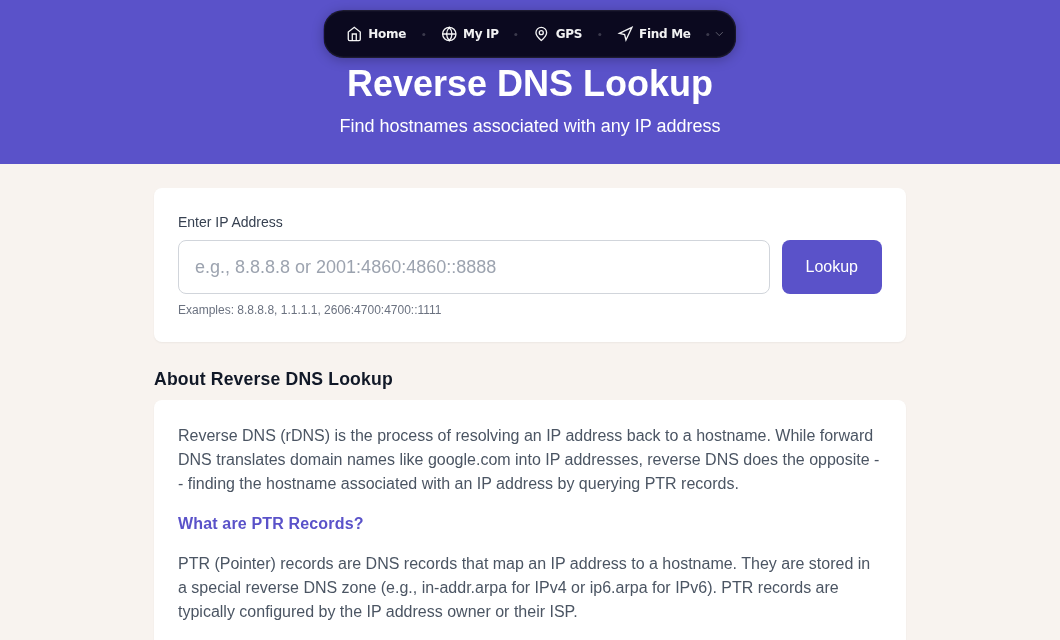 Run a PTR lookup on any IP with the reverse DNS tool