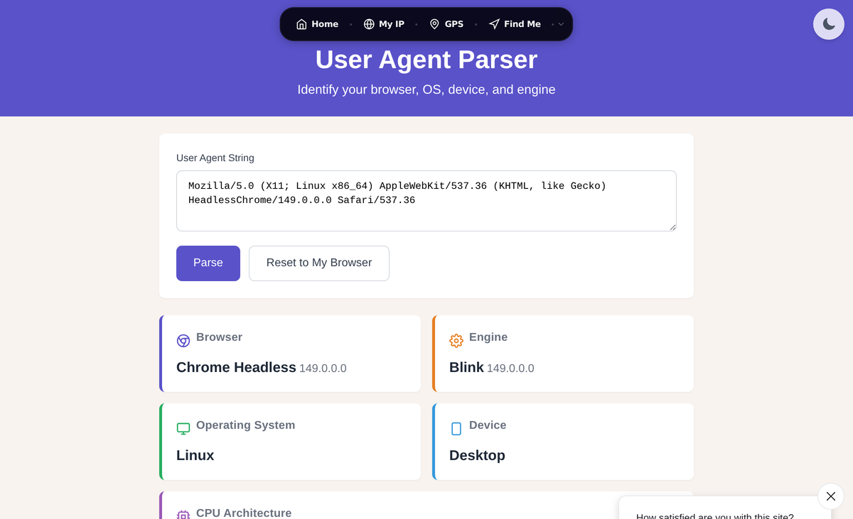 The WhatIsMyLocation User Agent Parser breaking a raw Chrome user agent string into browser, engine, OS, device, and CPU architecture.